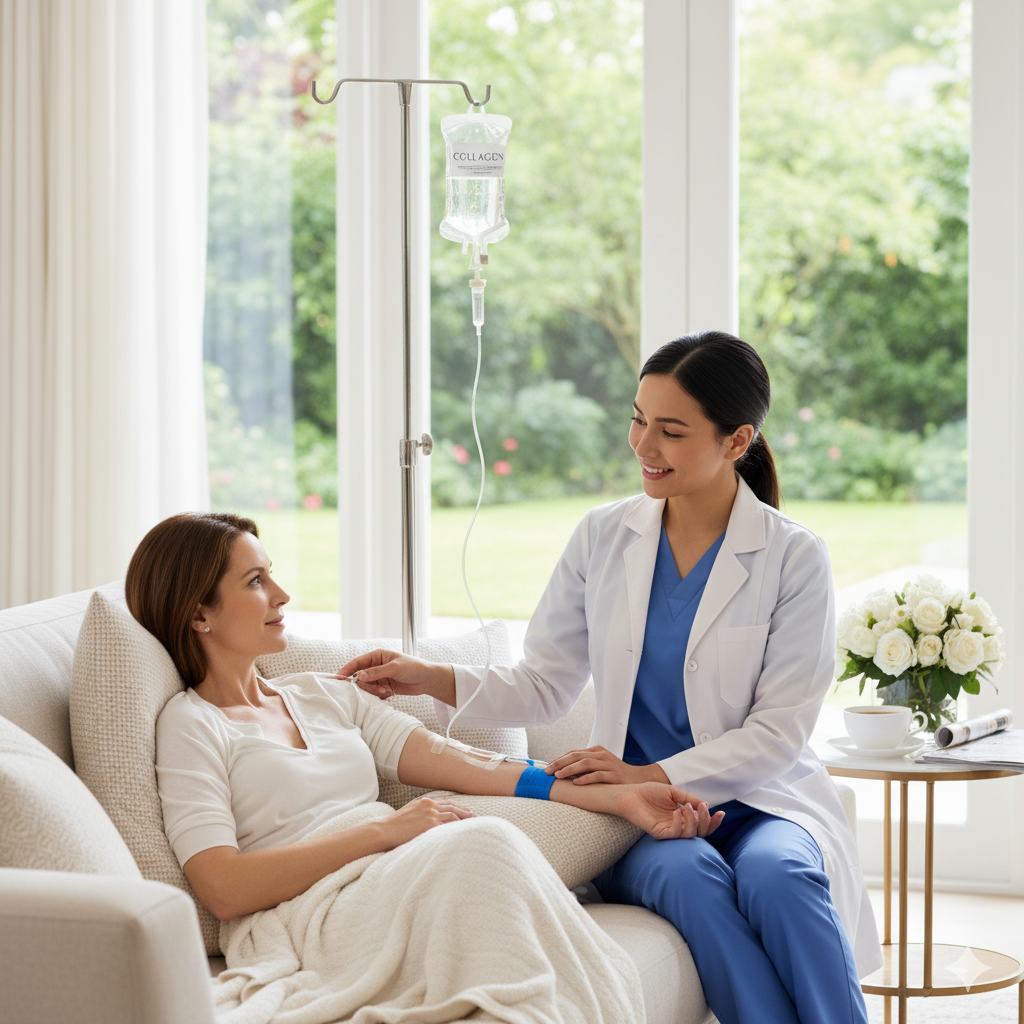 خدمة تسريب الكولاجين الوريدي في المنزل بدبي لتعزيز صحة ونضارة البشرة