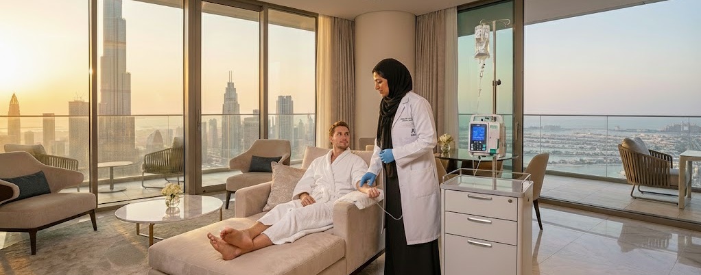 DHA-licensed doctor providing IV Drip in a Dubai hotel Businessbay