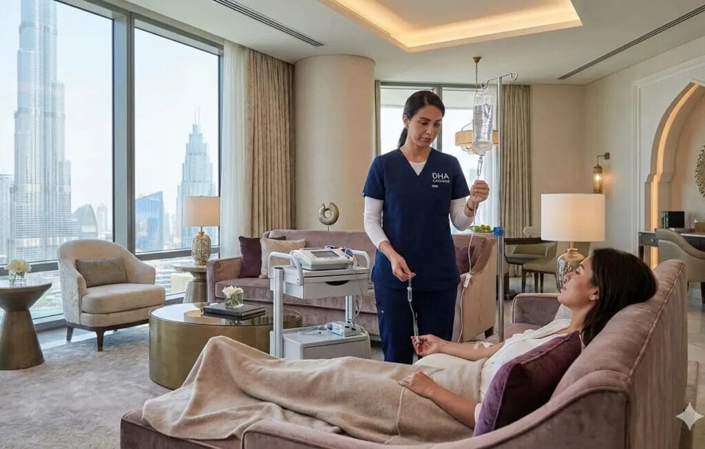 DHA-licensed doctor providing IV therapy in a luxury Dubai hotel suite